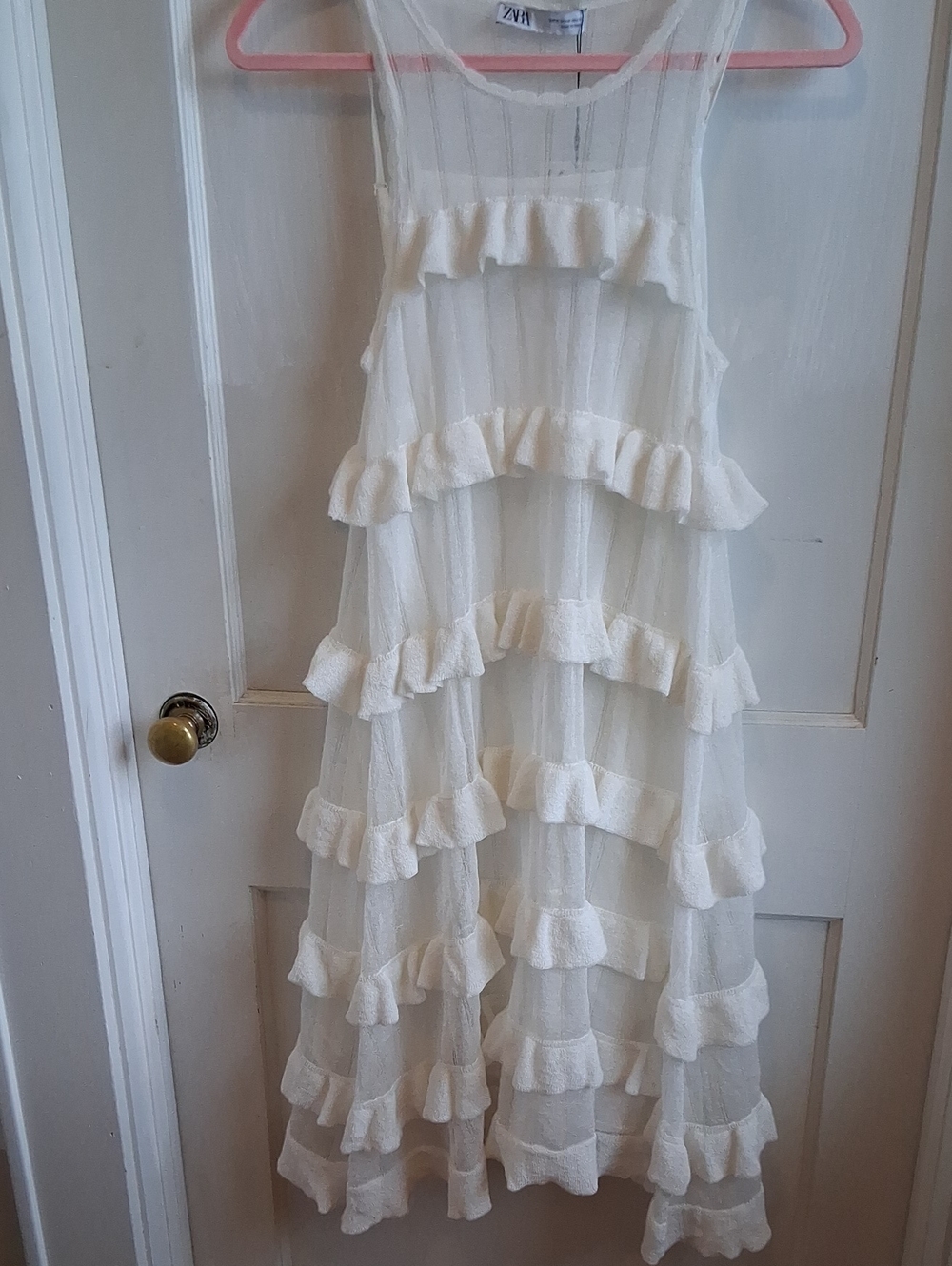 Zara Cream/White Ruffle Tiered Sheer Dress